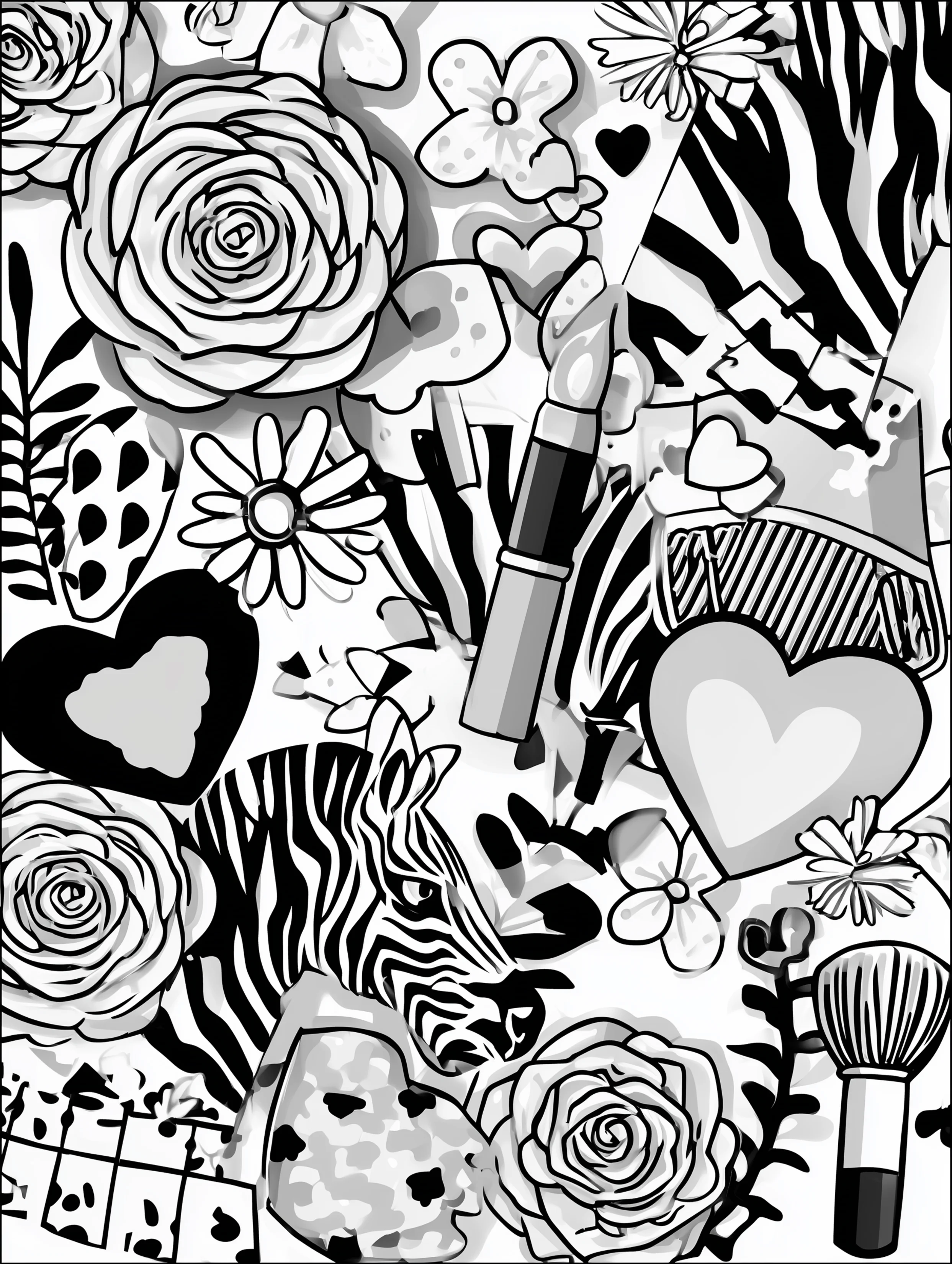 Free printable makeup coloring page for adults featuring mixed makeup elements